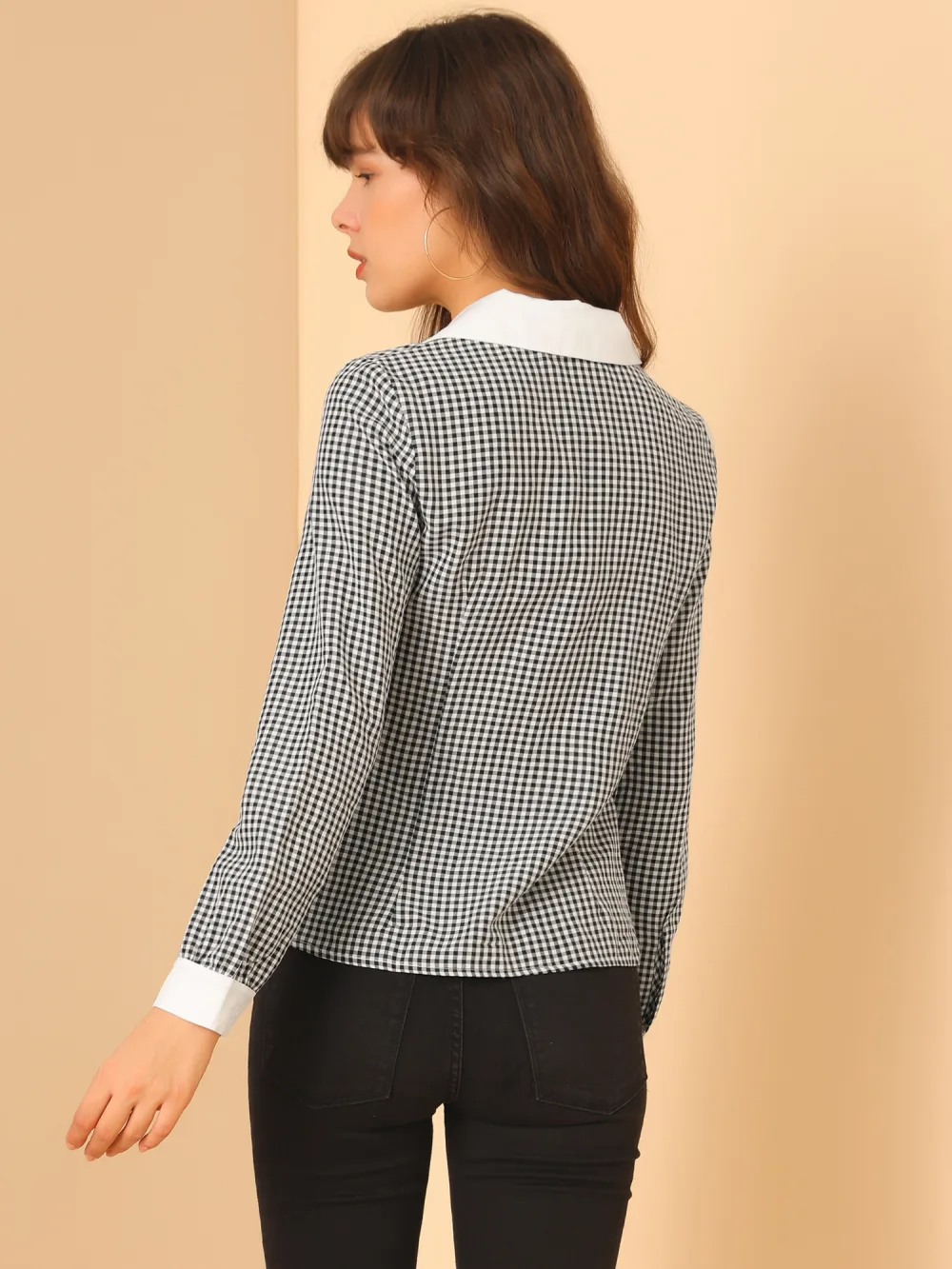 Allegra K - Vintage Contrast Collar Gingham Shirt