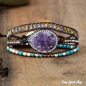 Amethyst Howlite Turquoise Crystal Wrap Bracelet