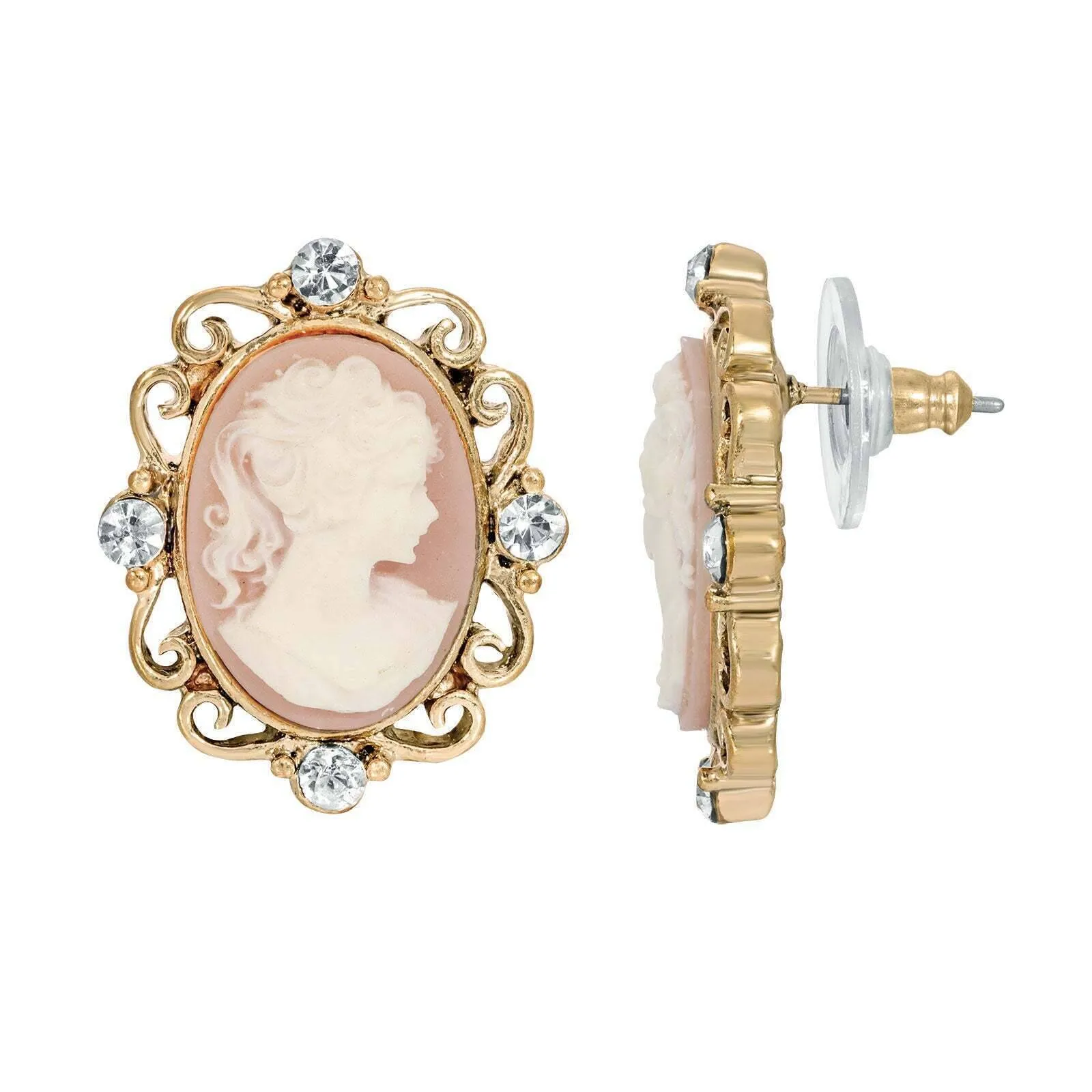 Pink Cameo Crystal Button Earrings