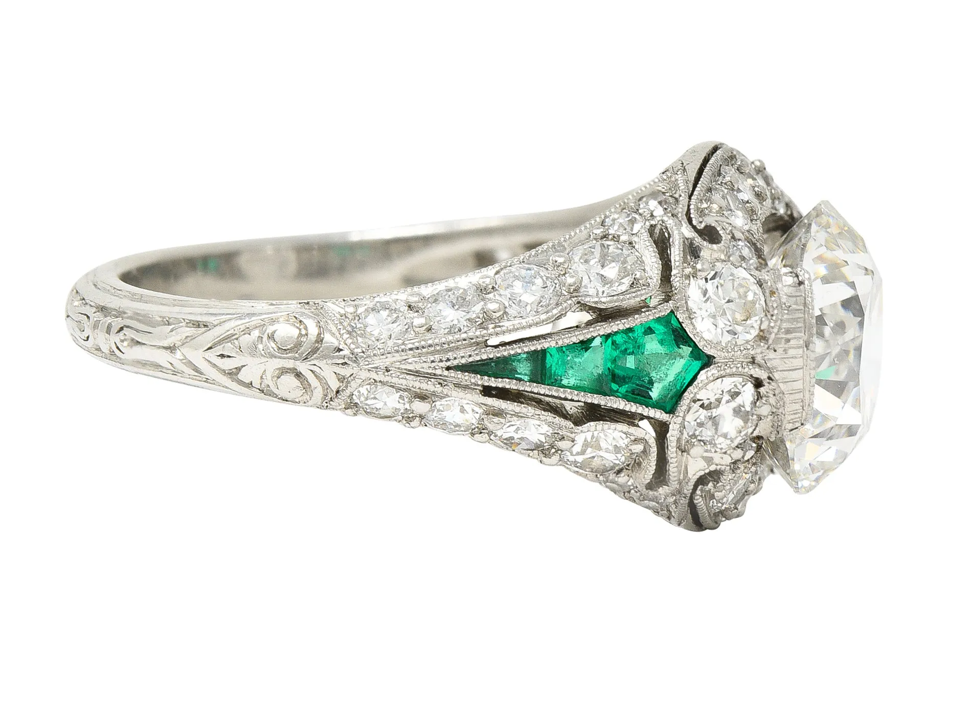 Art Deco 2.74 CTW Old European Cut Diamond Emerald Platinum Vintage Engagement Ring