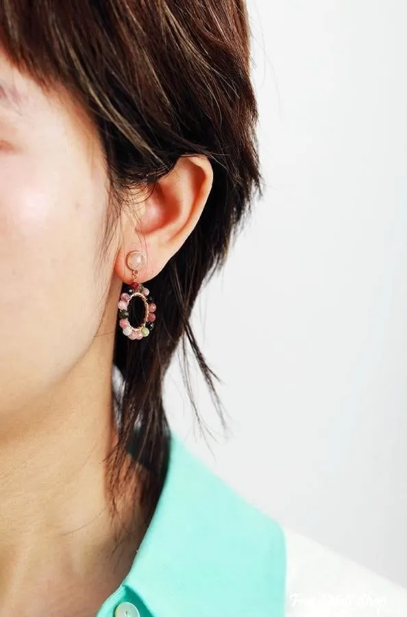 Beaded Earrings with Natural Tourmaline Circles