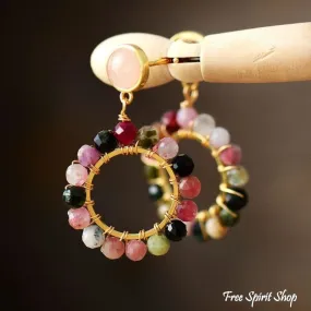 Beaded Earrings with Natural Tourmaline Circles