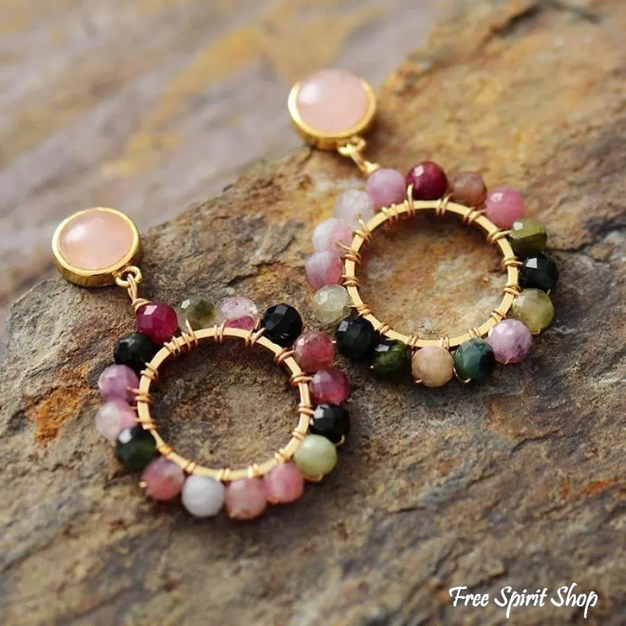 Beaded Earrings with Natural Tourmaline Circles