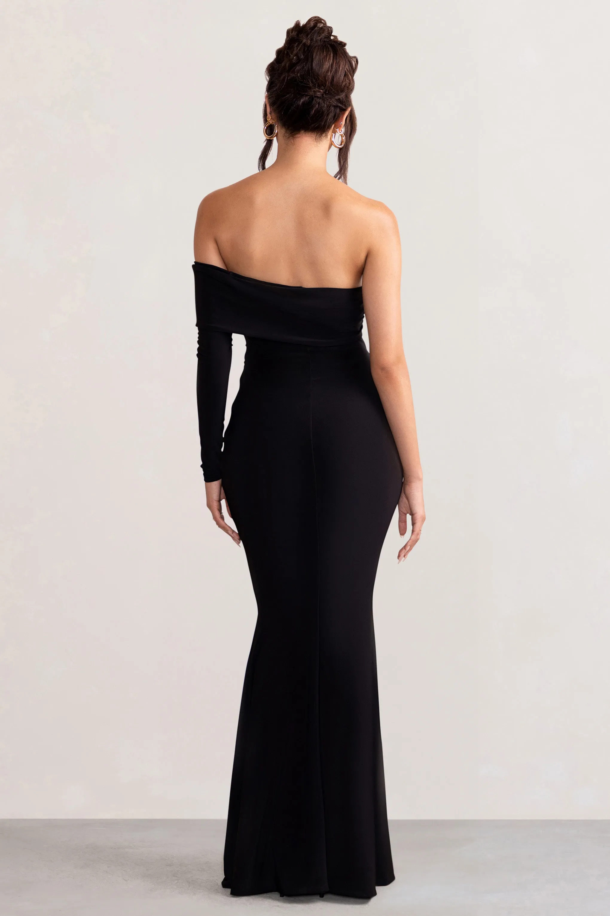 Sophisticated Black Maxi Dress with Bardot Neck and Thigh Split