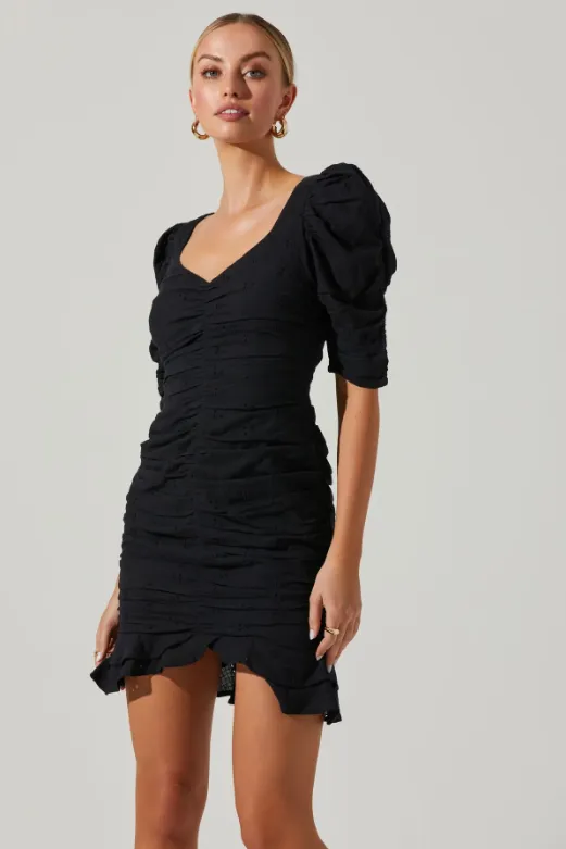 Loiza Mini Dress with Black Eyelet Ruched Puff Sleeve