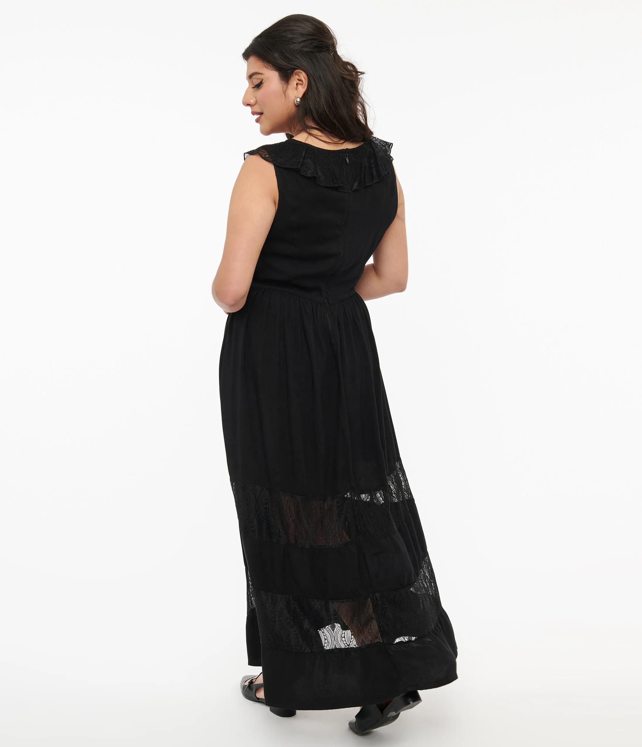 1970s Black Lace Stripe Maxi Dress