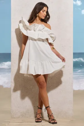 White Poplin Mini Dress with Asymmetric Ruffles by Saylor