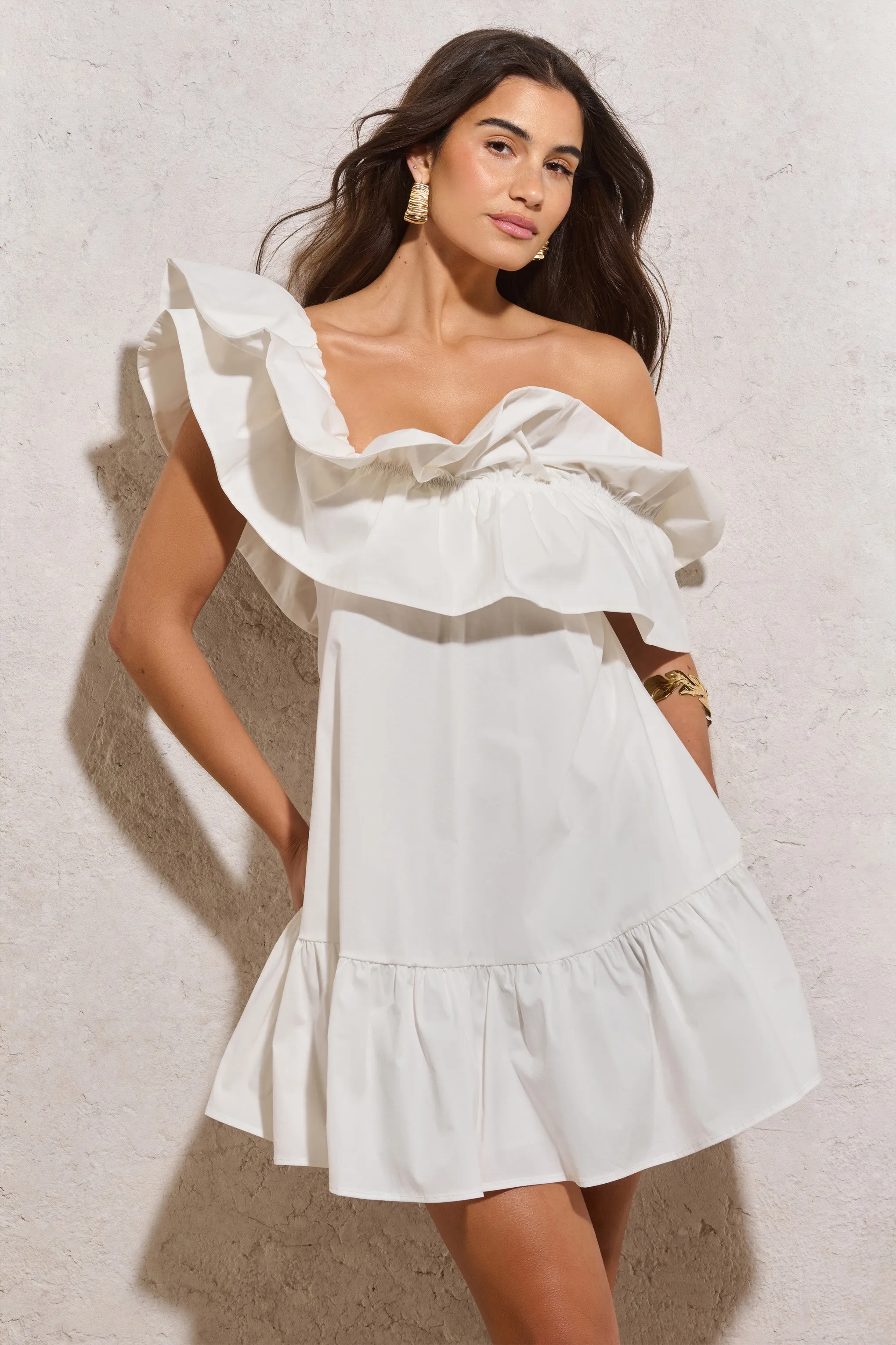 White Poplin Mini Dress with Asymmetric Ruffles by Saylor