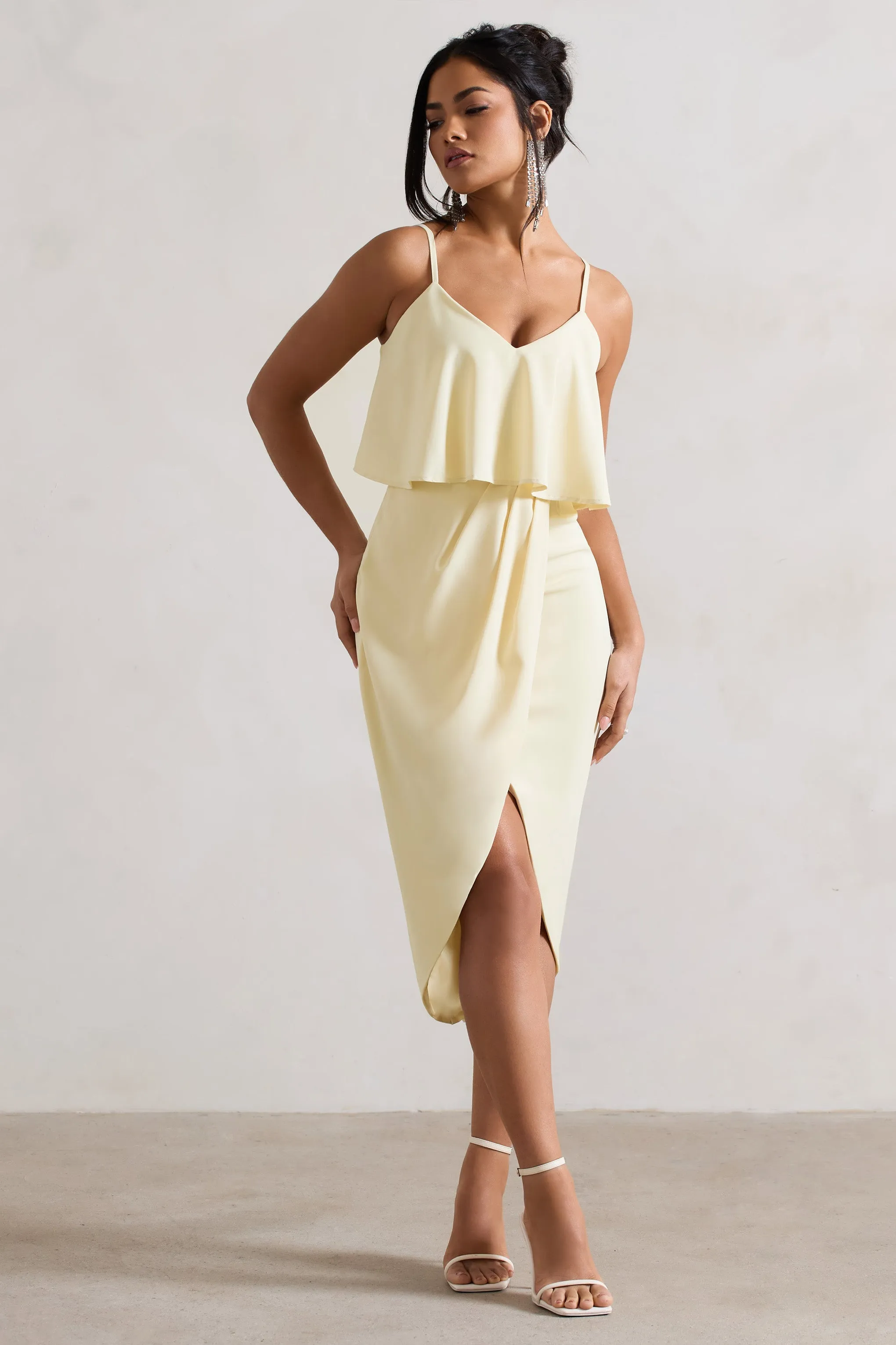 Lemon Yellow Midi Dress with Strappy Draped Neck by Faro