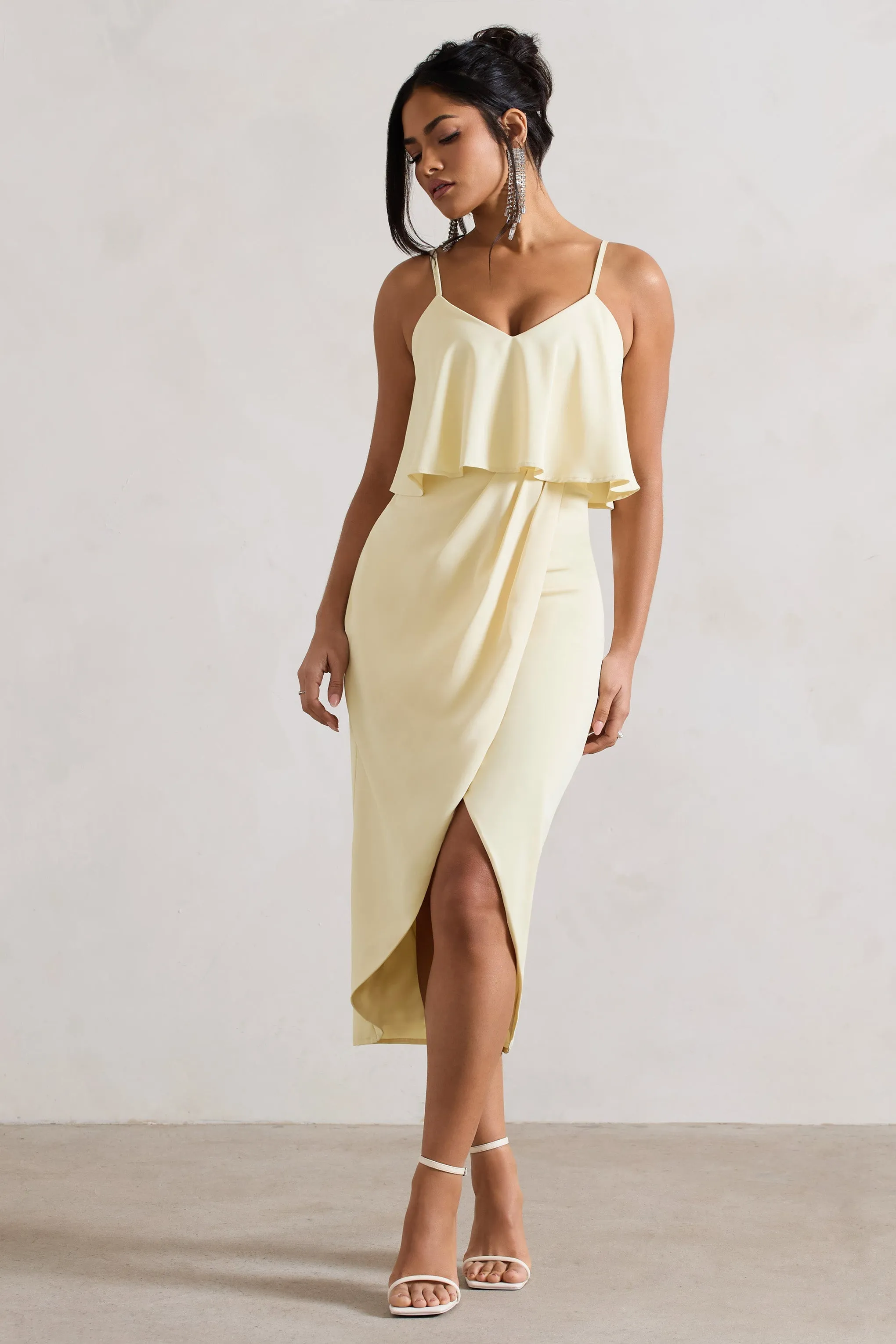 Lemon Yellow Midi Dress with Strappy Draped Neck by Faro