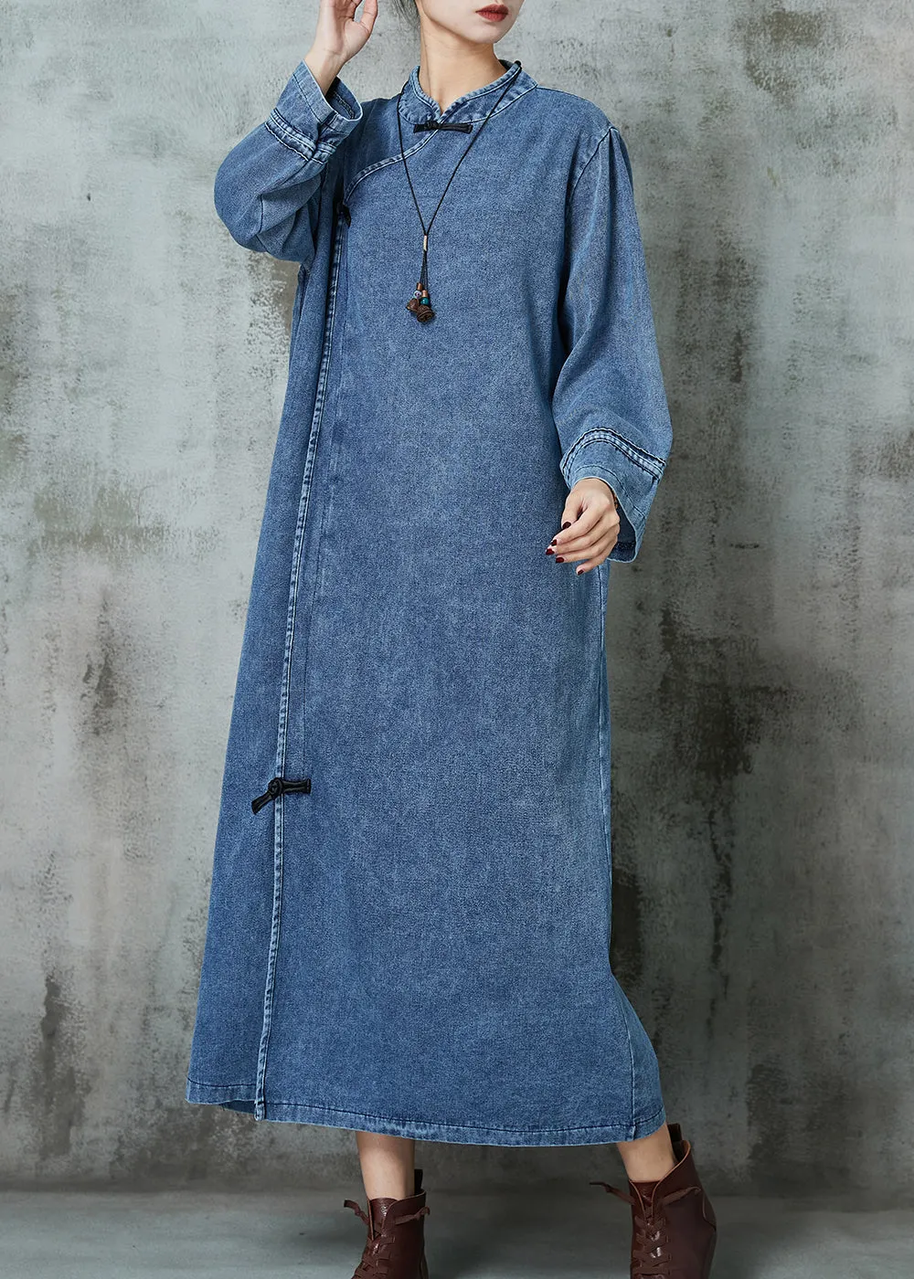 Blue Mandarin Collar Denim Dresses