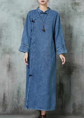 Blue Mandarin Collar Denim Dresses