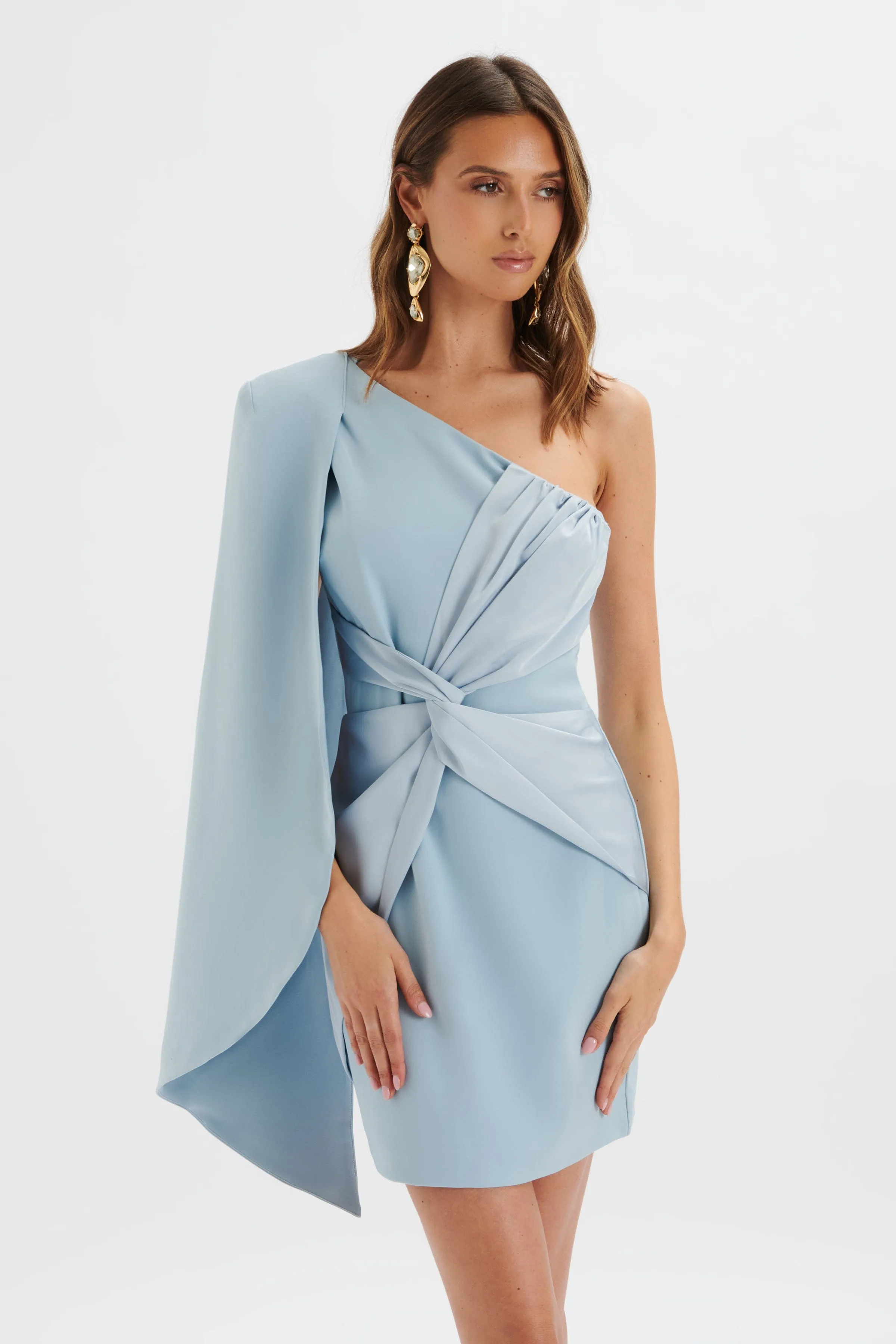 Laila Twist Front One Shoulder Cape Mini Dress Blue