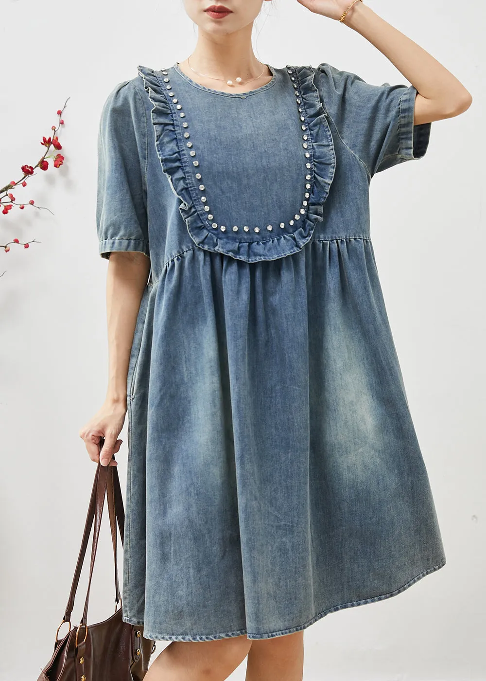 Bohemian Denim Dresses with Ruffles and Bead Detail in Blue