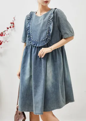 Bohemian Denim Dresses with Ruffles and Bead Detail in Blue