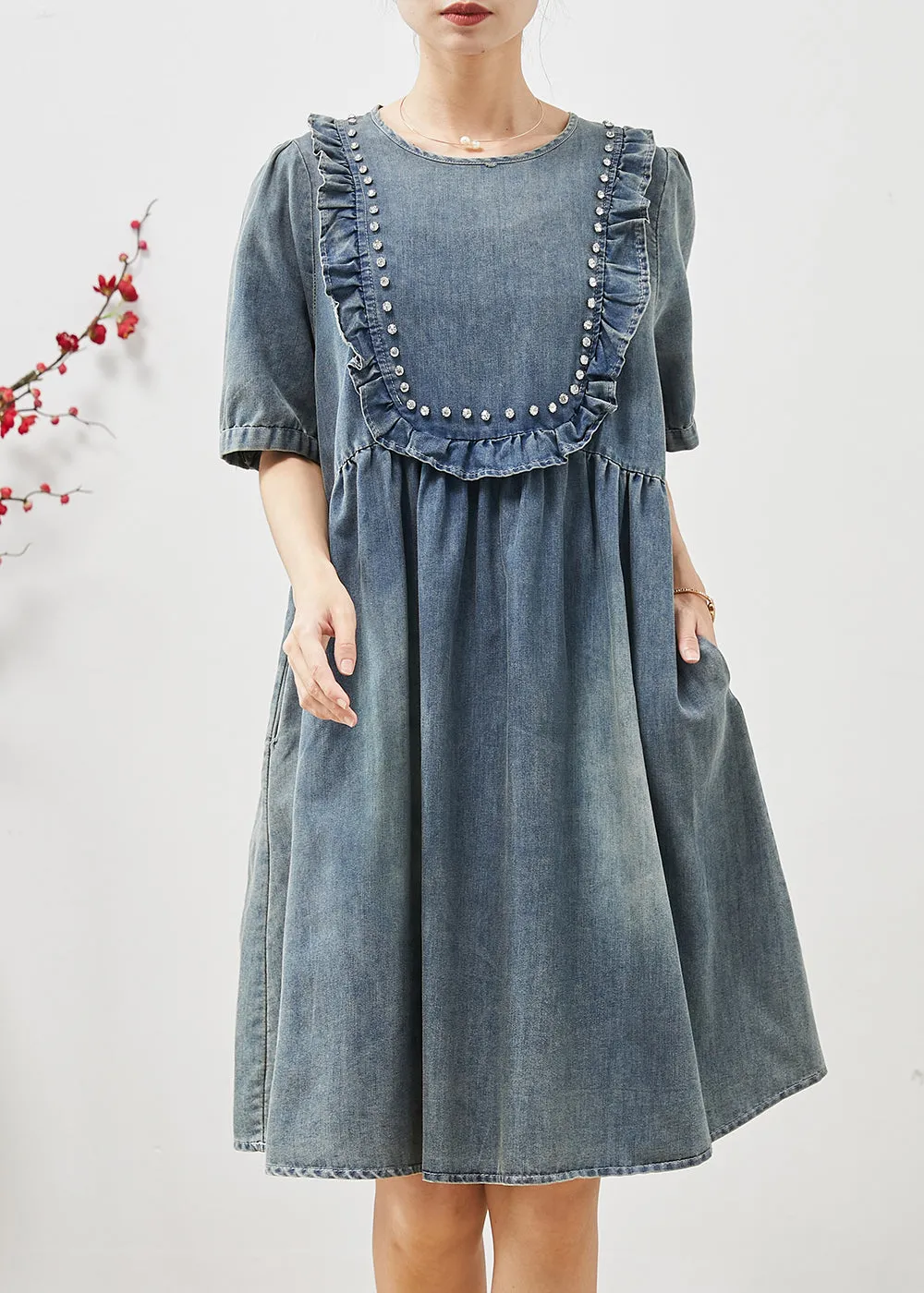 Bohemian Denim Dresses with Ruffles and Bead Detail in Blue