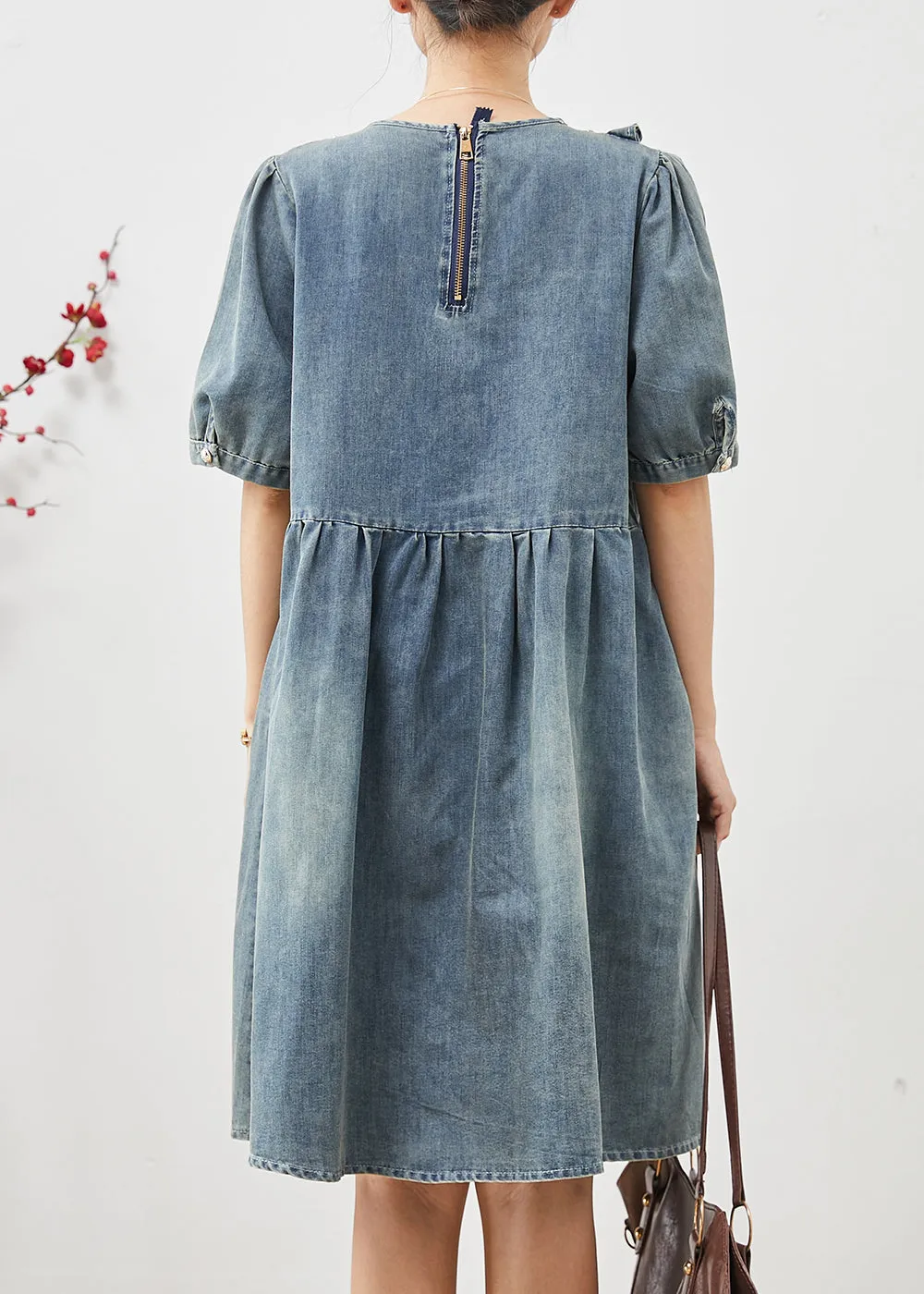 Bohemian Denim Dresses with Ruffles and Bead Detail in Blue