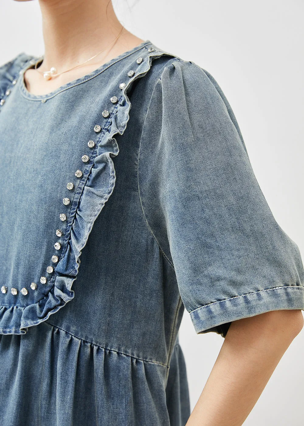 Bohemian Denim Dresses with Ruffles and Bead Detail in Blue