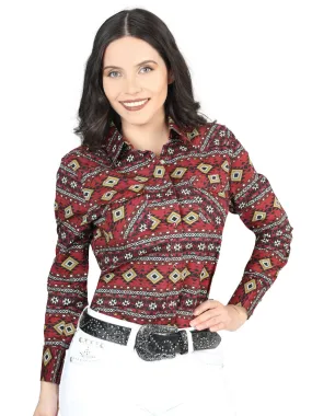 Burgandy Printed Long Sleeve Denim Shirt for Women 'El Señor de los Cielos'