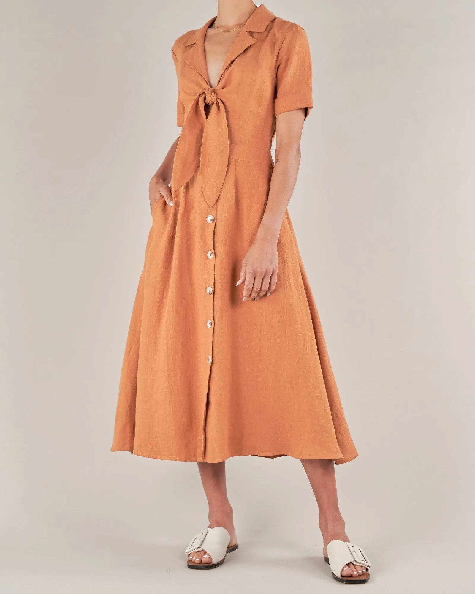 Burnt Orange Linen Tie Front Dress