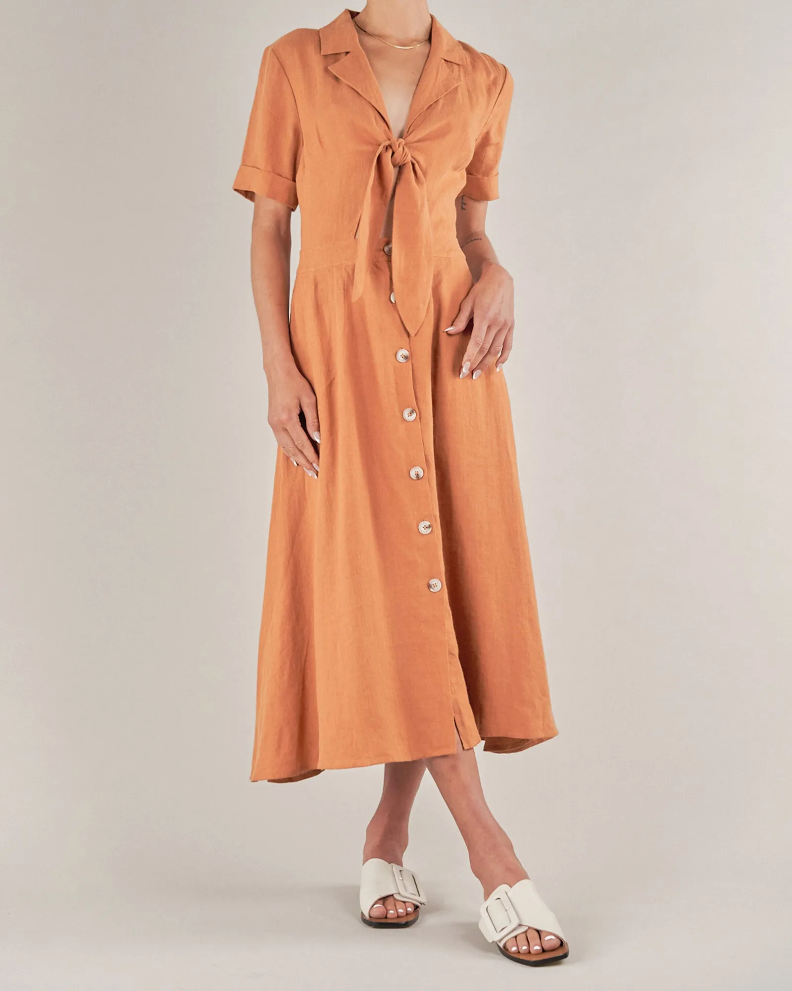 Burnt Orange Linen Tie Front Dress