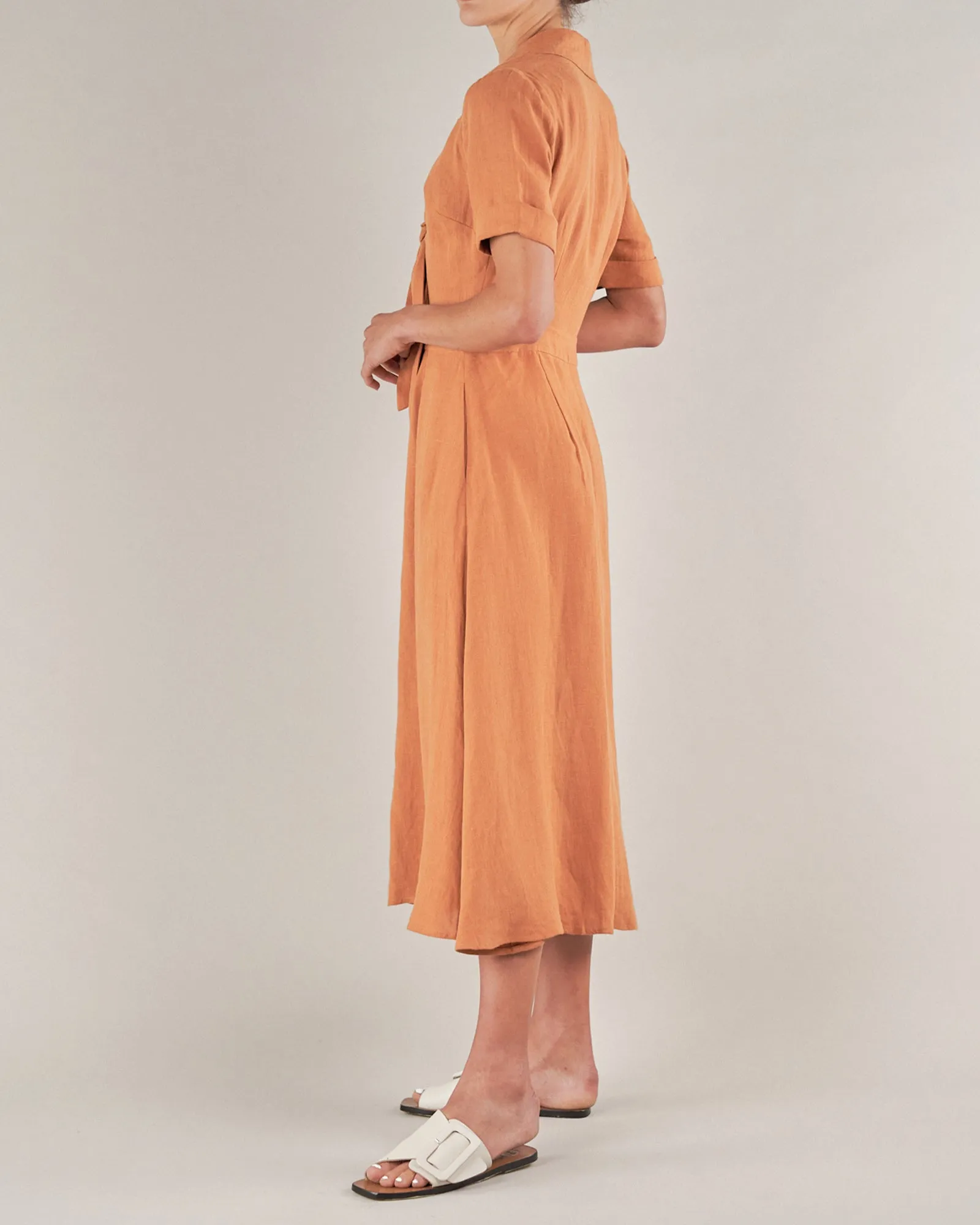 Burnt Orange Linen Tie Front Dress