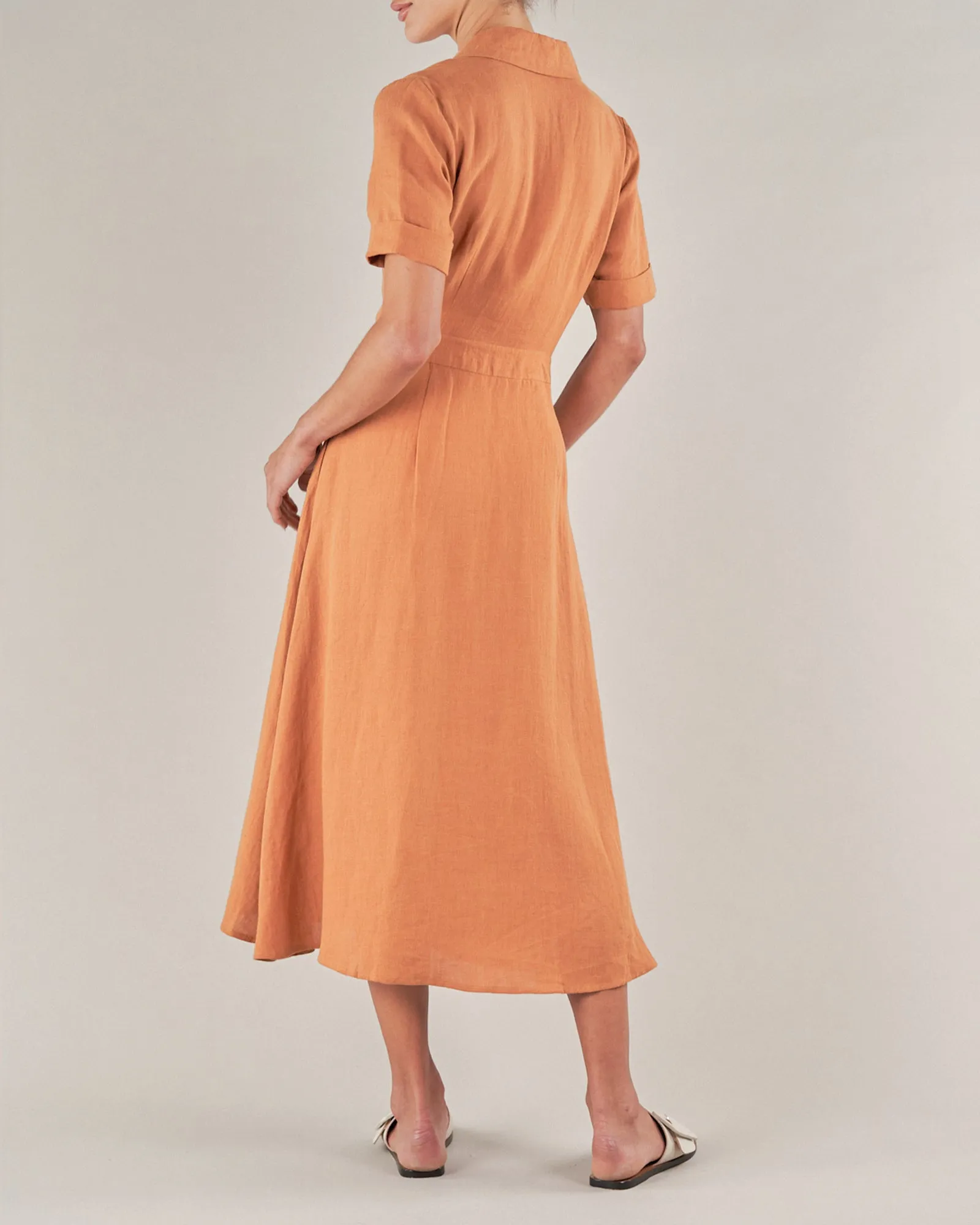 Burnt Orange Linen Tie Front Dress