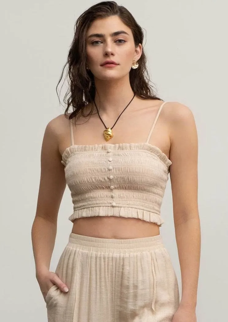 Button Smocked Strappy Crop Top