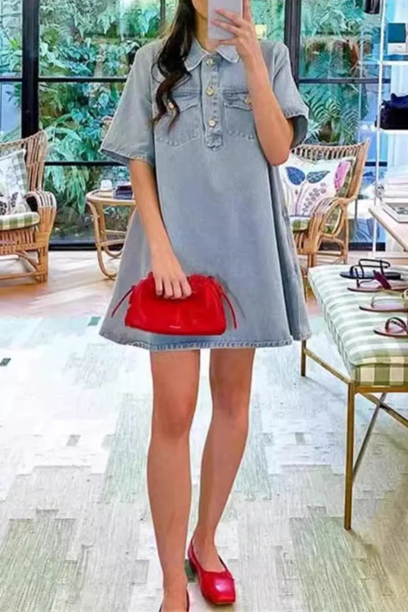 Casual Loose Denim Dresses with Buttons and Collar