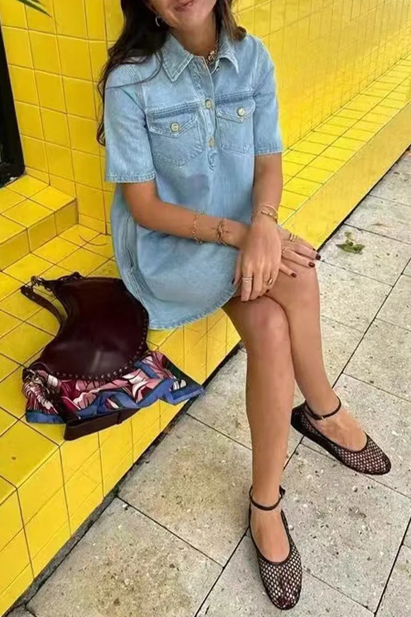 Casual Loose Denim Dresses with Buttons and Collar