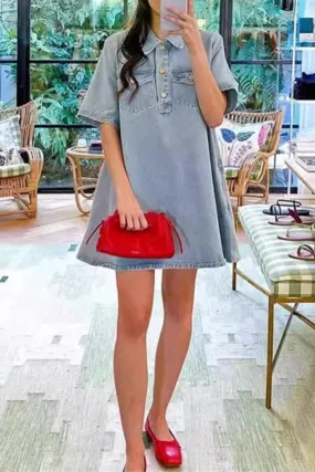 Casual Loose Denim Dresses with Buttons and Collar