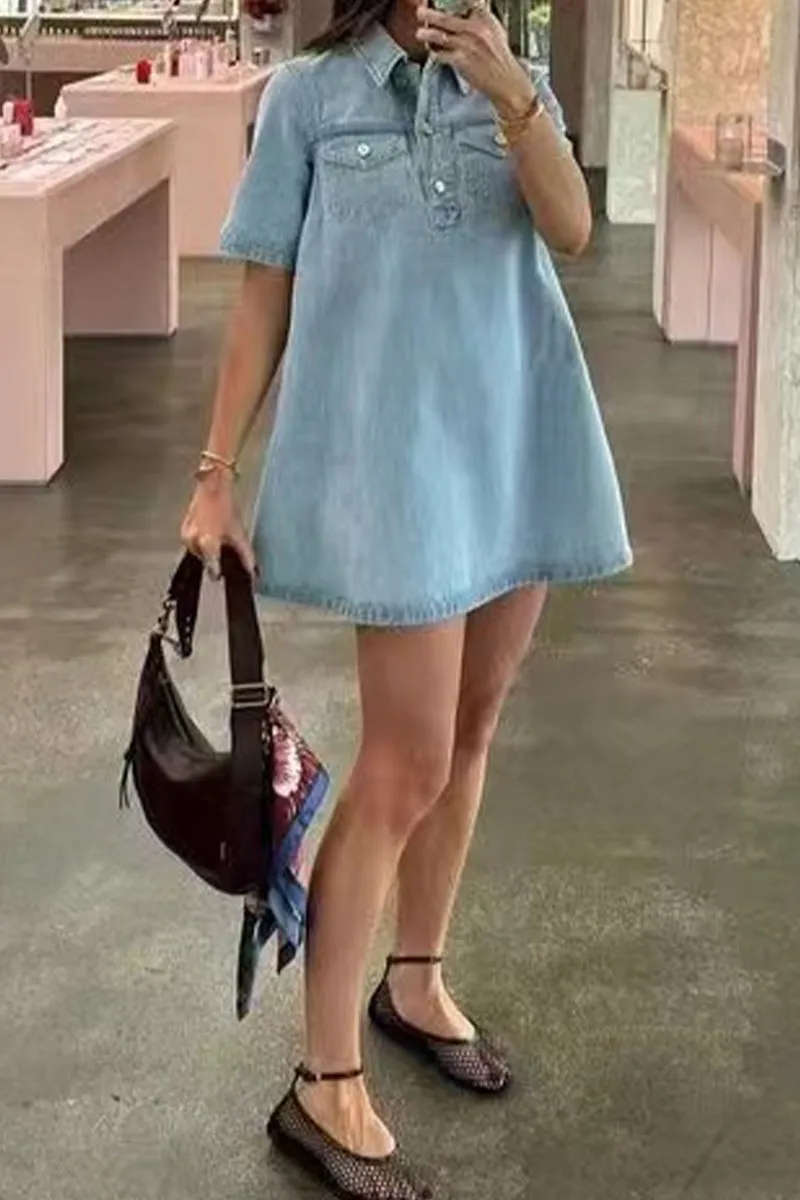 Casual Loose Denim Dresses with Buttons and Collar