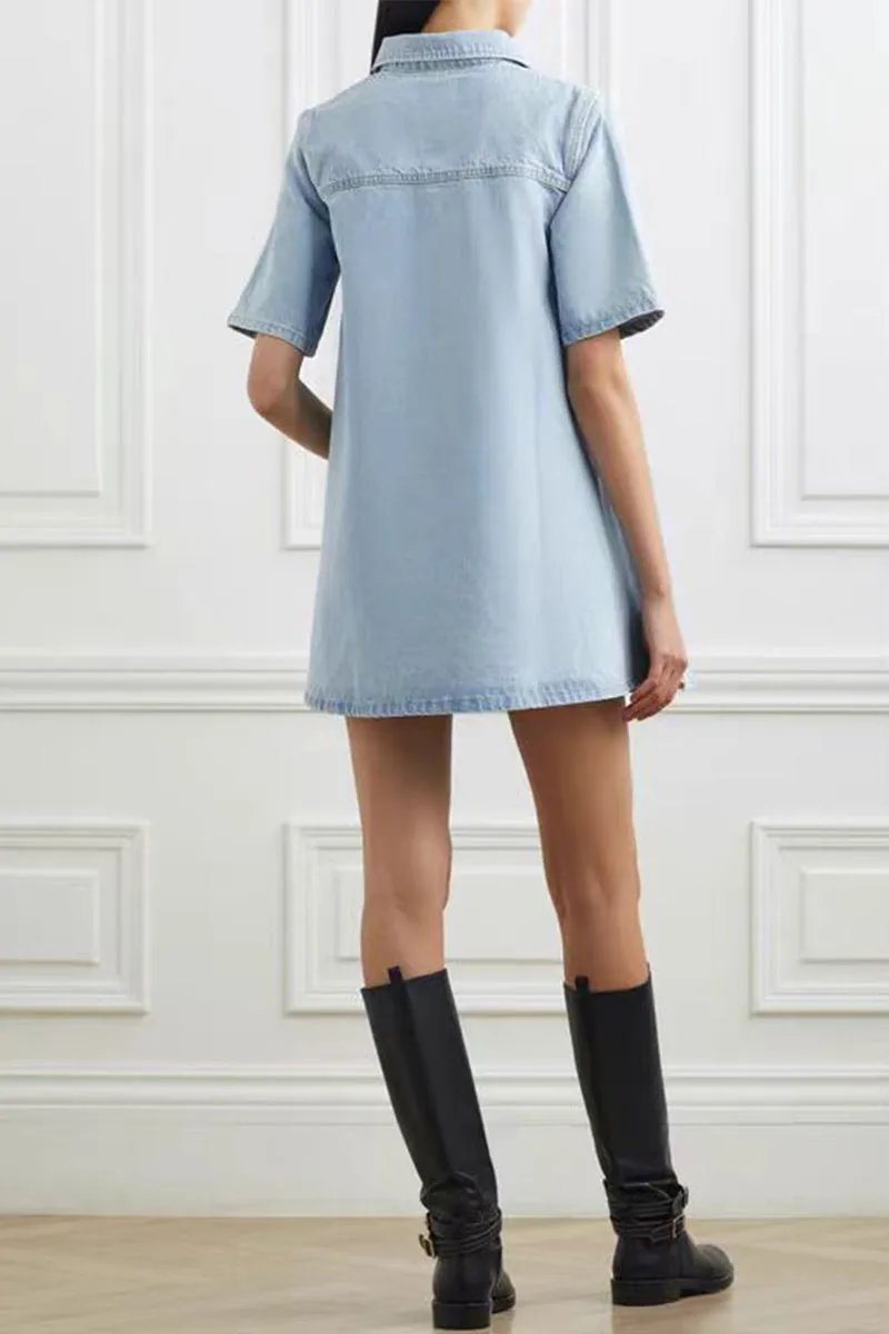 Casual Loose Denim Dresses with Buttons and Collar