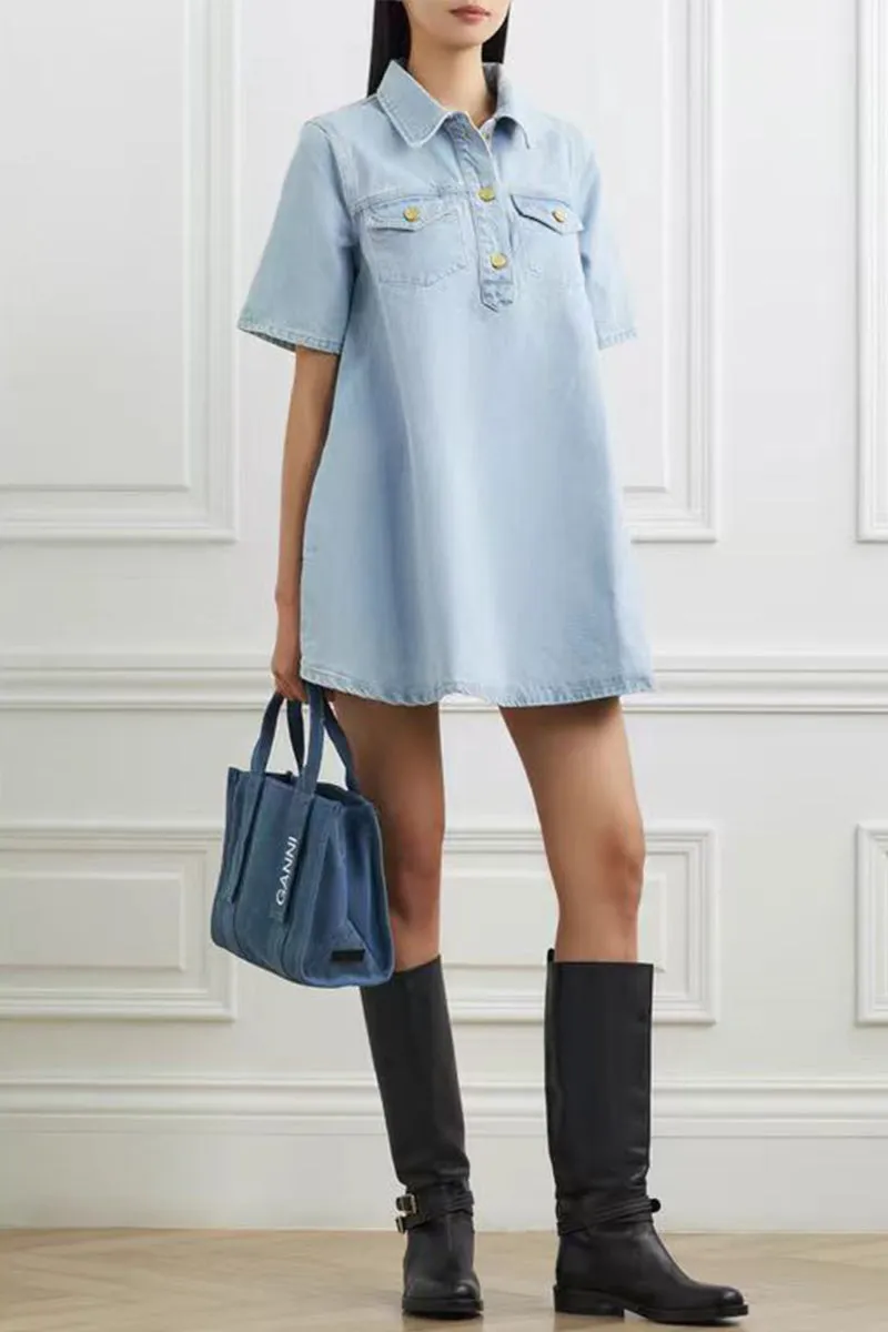 Casual Loose Denim Dresses with Buttons and Collar