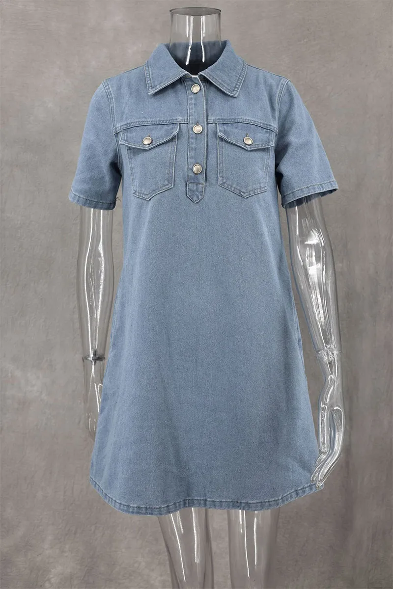 Casual Loose Denim Dresses with Buttons and Collar