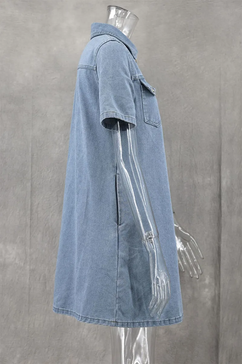 Casual Loose Denim Dresses with Buttons and Collar