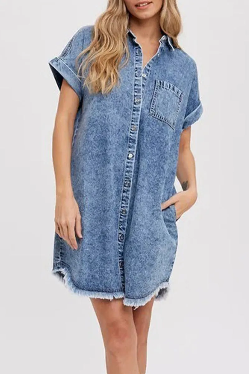 Casual Loose Denim Dresses with Pocket and Collar