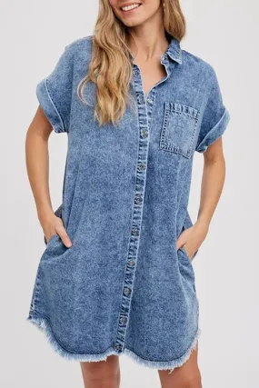 Casual Loose Denim Dresses with Pocket and Collar