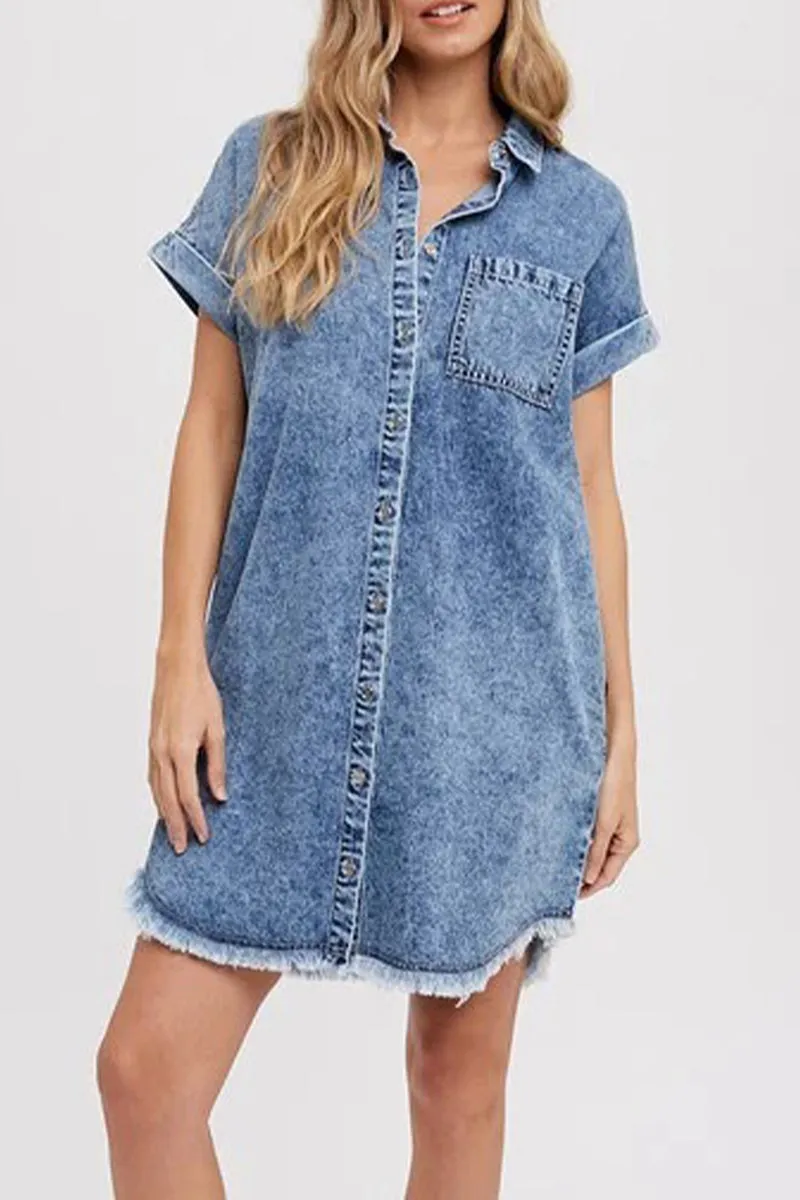 Casual Loose Denim Dresses with Pocket and Collar