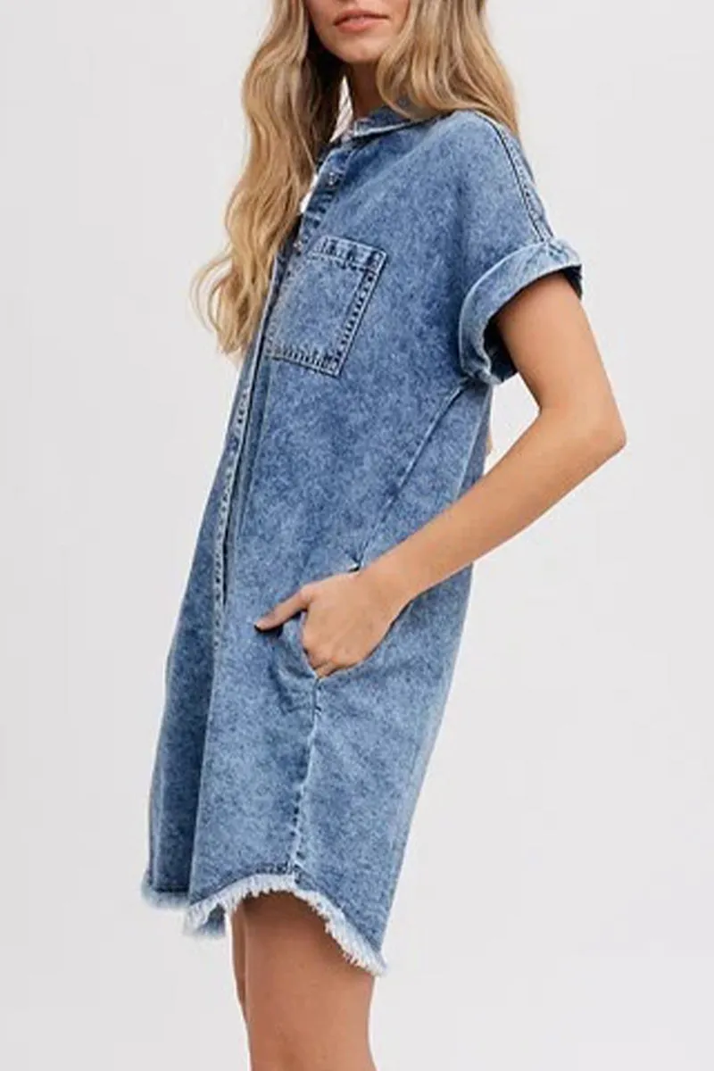 Casual Loose Denim Dresses with Pocket and Collar