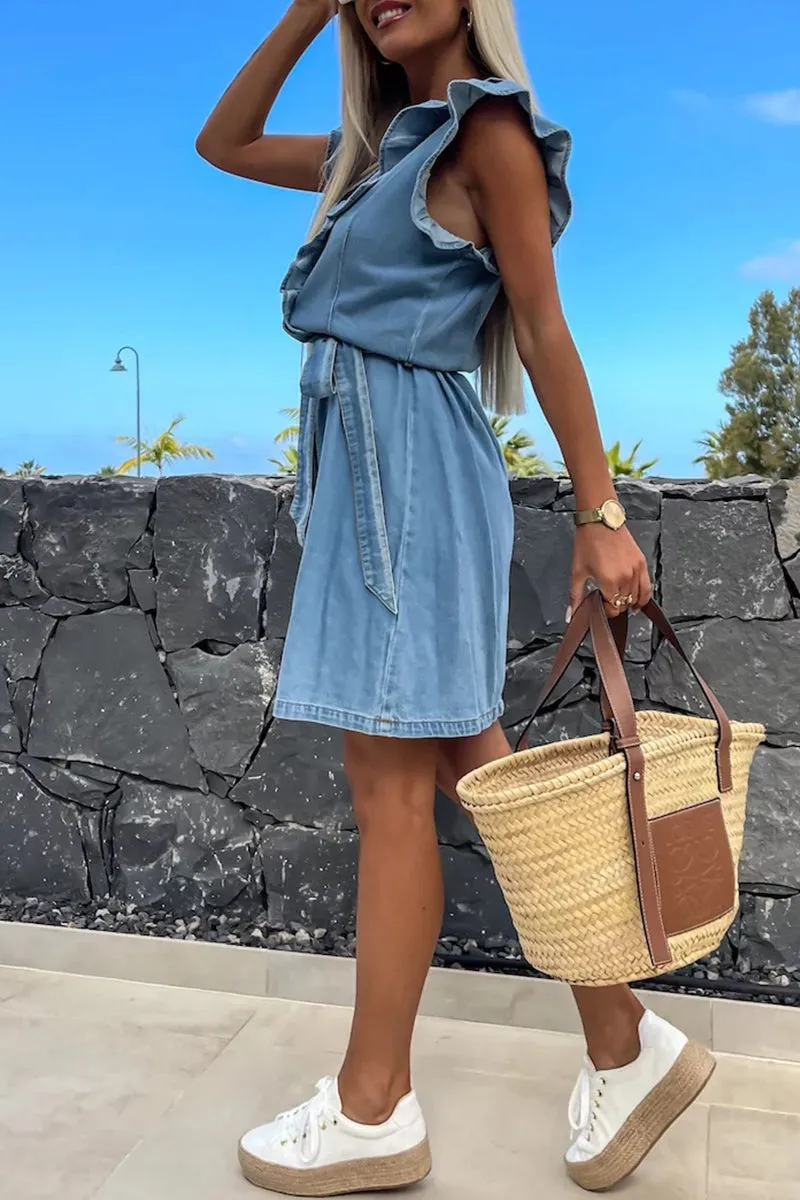 Solid Bandage Flounce V Neck Sleeveless Denim Dresses