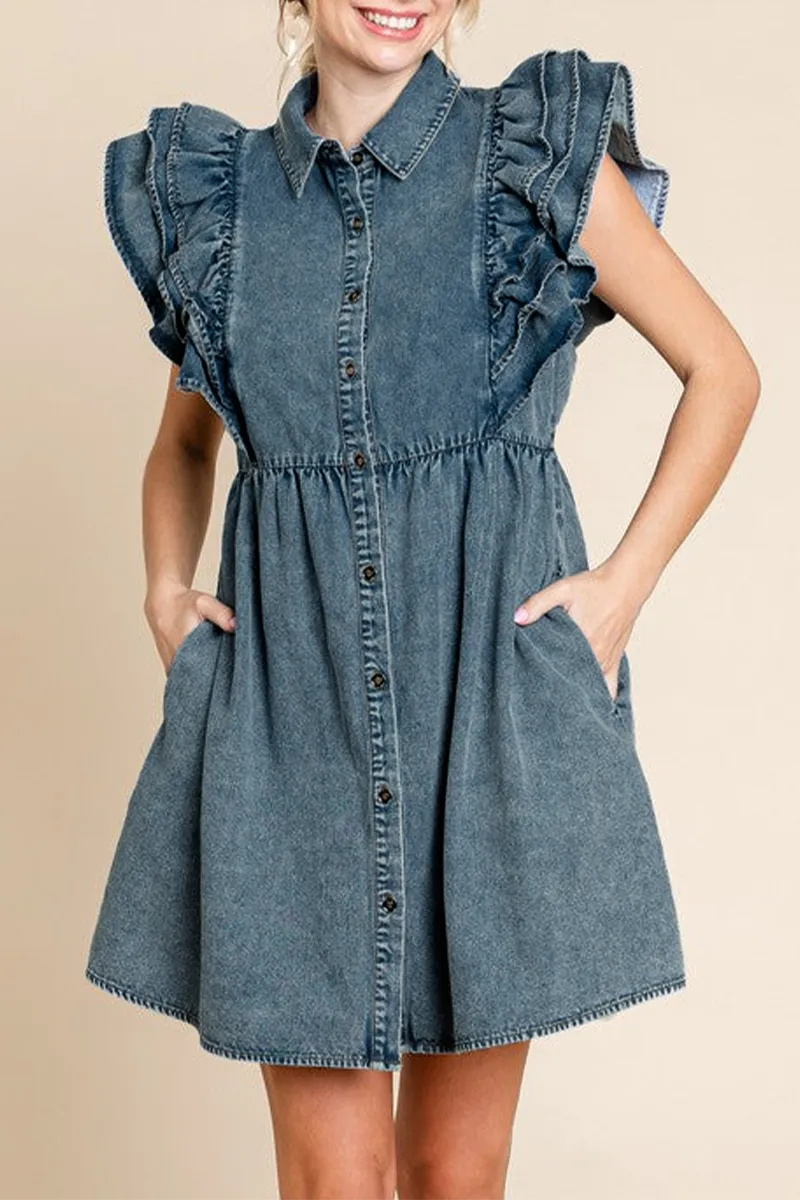 Casual Solid Color Distressed Ruffle Denim Dress Women's Apparel