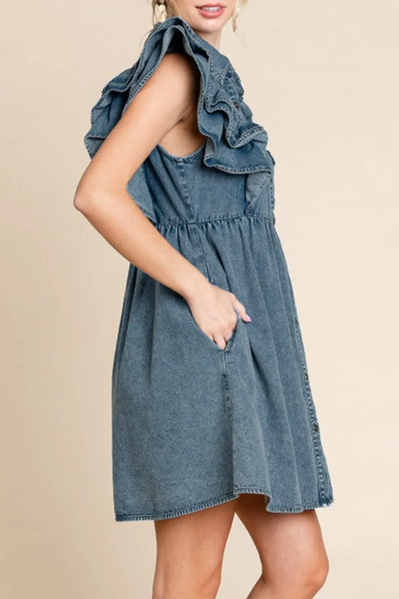 Casual Solid Color Distressed Ruffle Denim Dress Women's Apparel