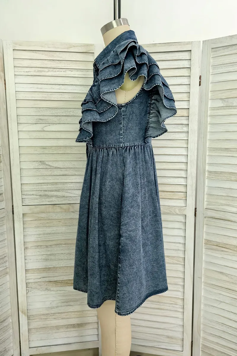 Casual Solid Color Distressed Ruffle Denim Dress Women's Apparel