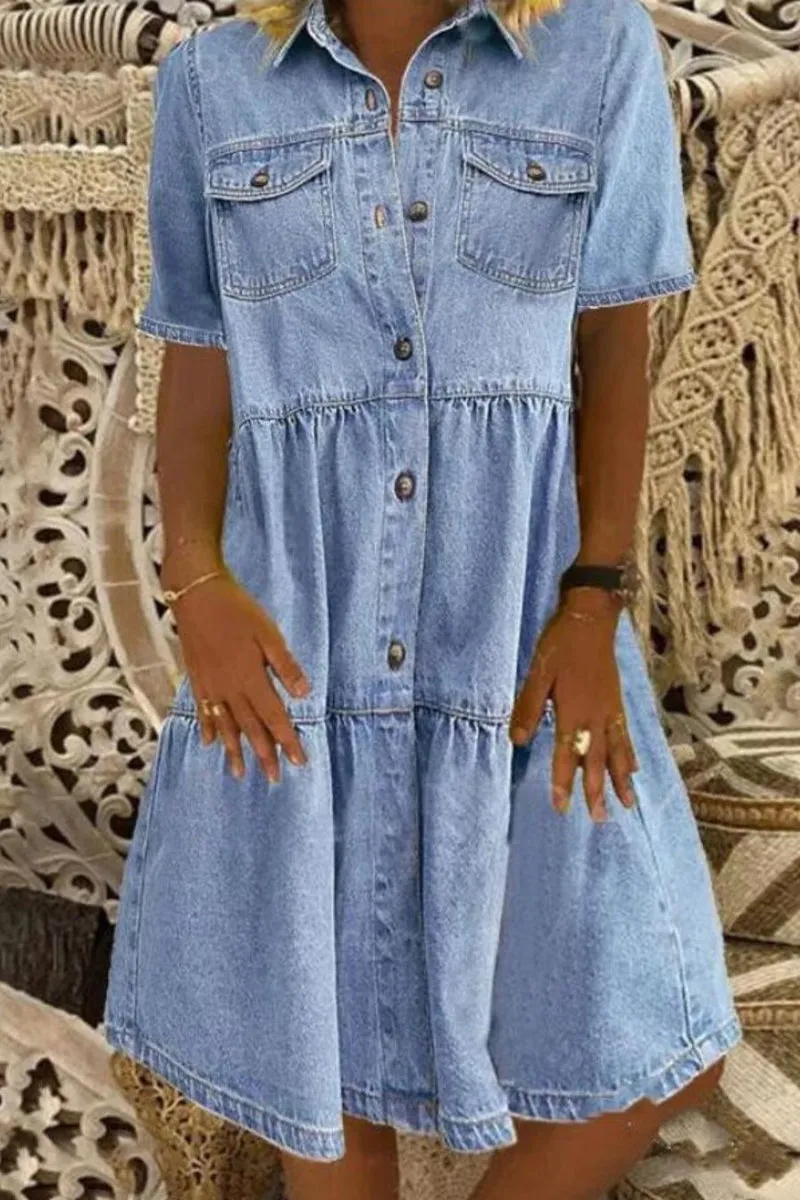 Casual Denim Dresses with Patchwork Collar and Short Sleeves