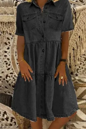 Casual Denim Dresses with Patchwork Collar and Short Sleeves