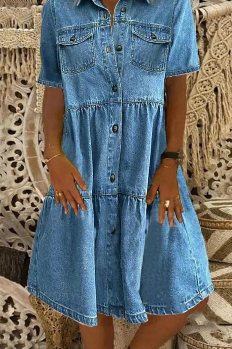 Casual Denim Dresses with Patchwork Collar and Short Sleeves