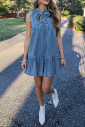 Street Lace Ruffle Bow Denim Dresses