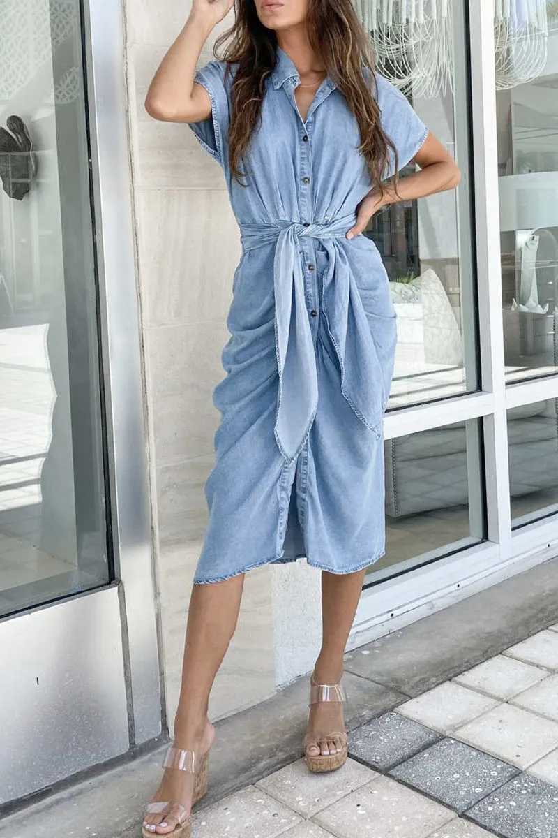 Casual Denim Dresses with Street Style Collar and Short Sleeves