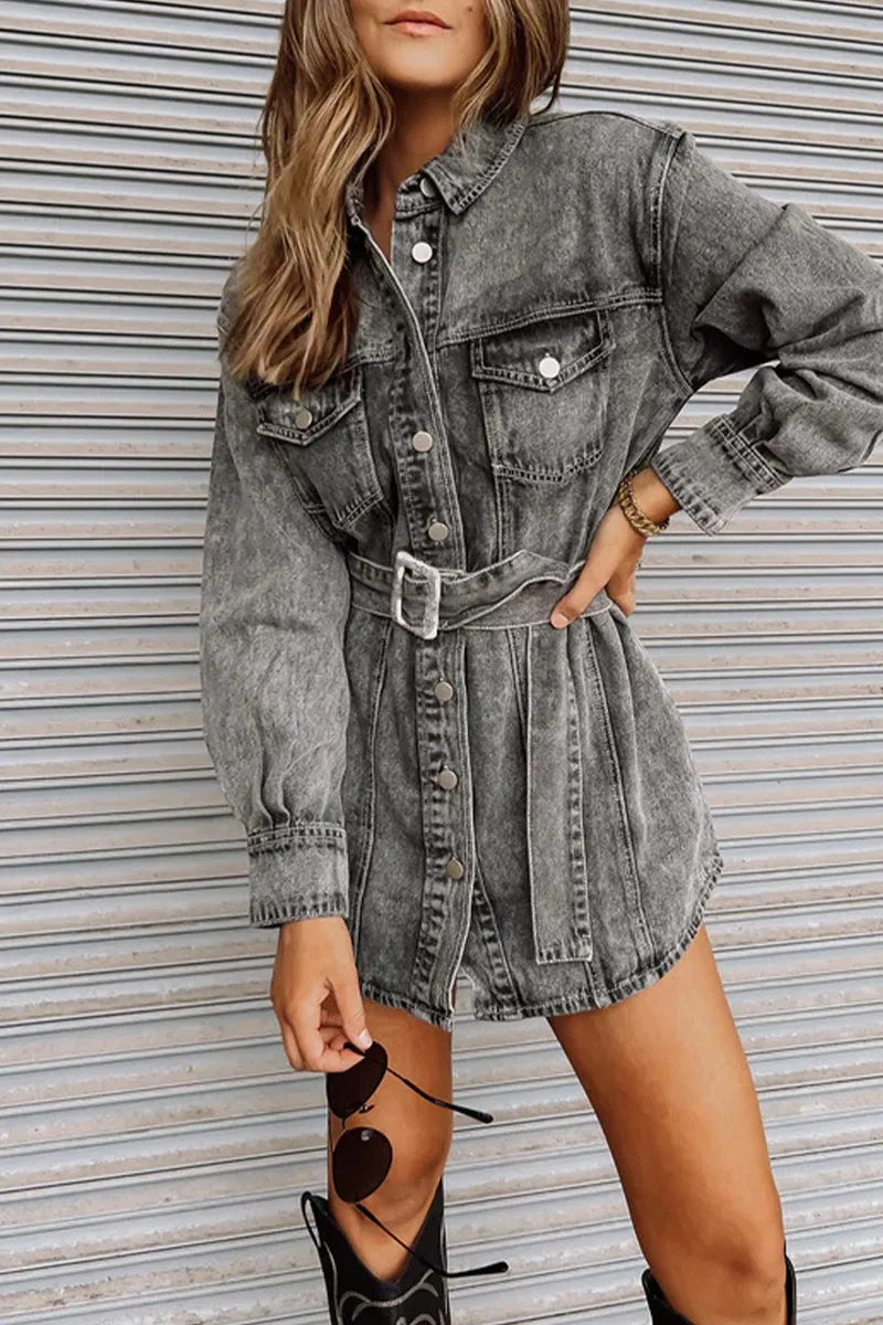 Street Pocket Belt Turndown Collar Denim Dresses